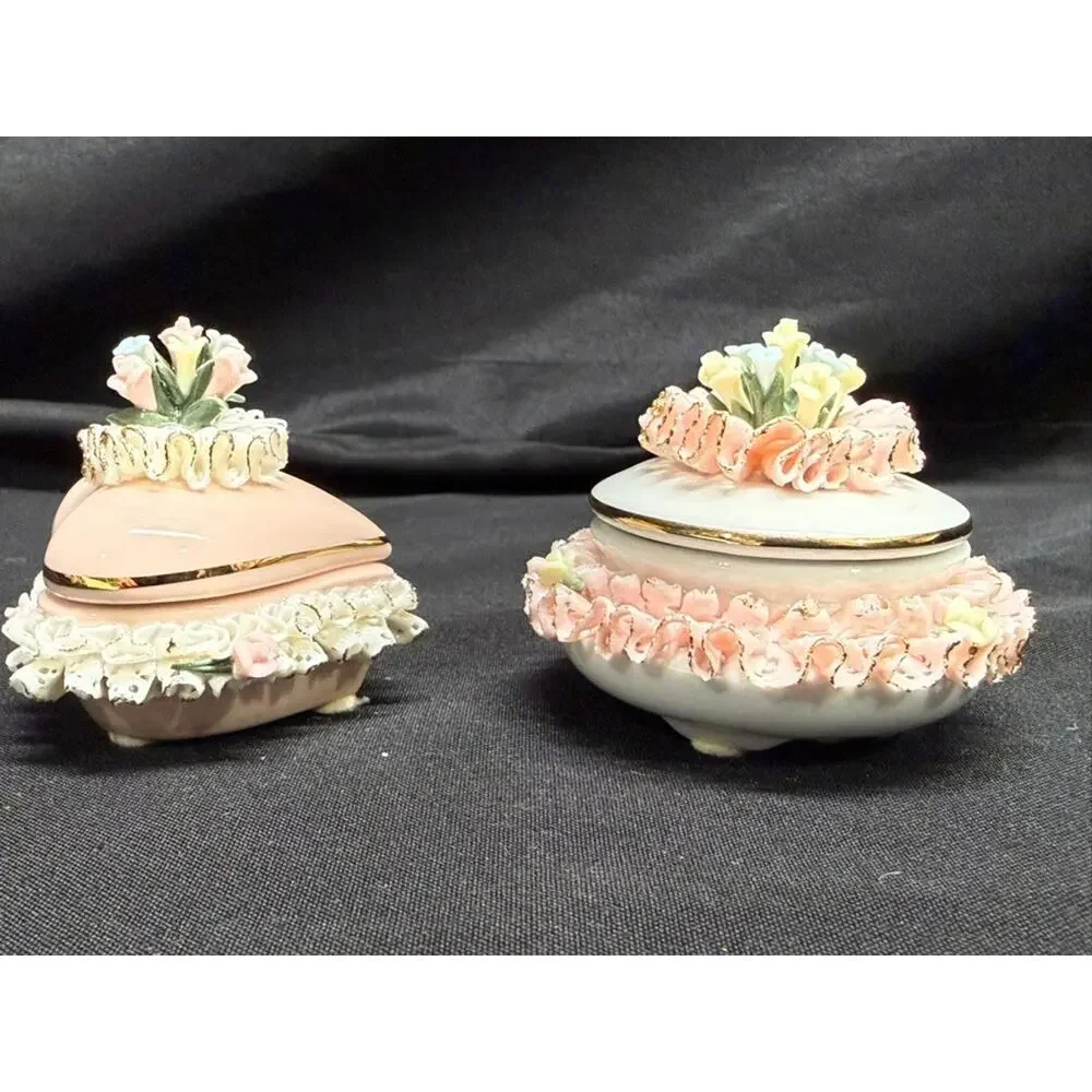Set of 2 capodimonte porcelain trinket/jewelry boxes pink flowers heart Italy